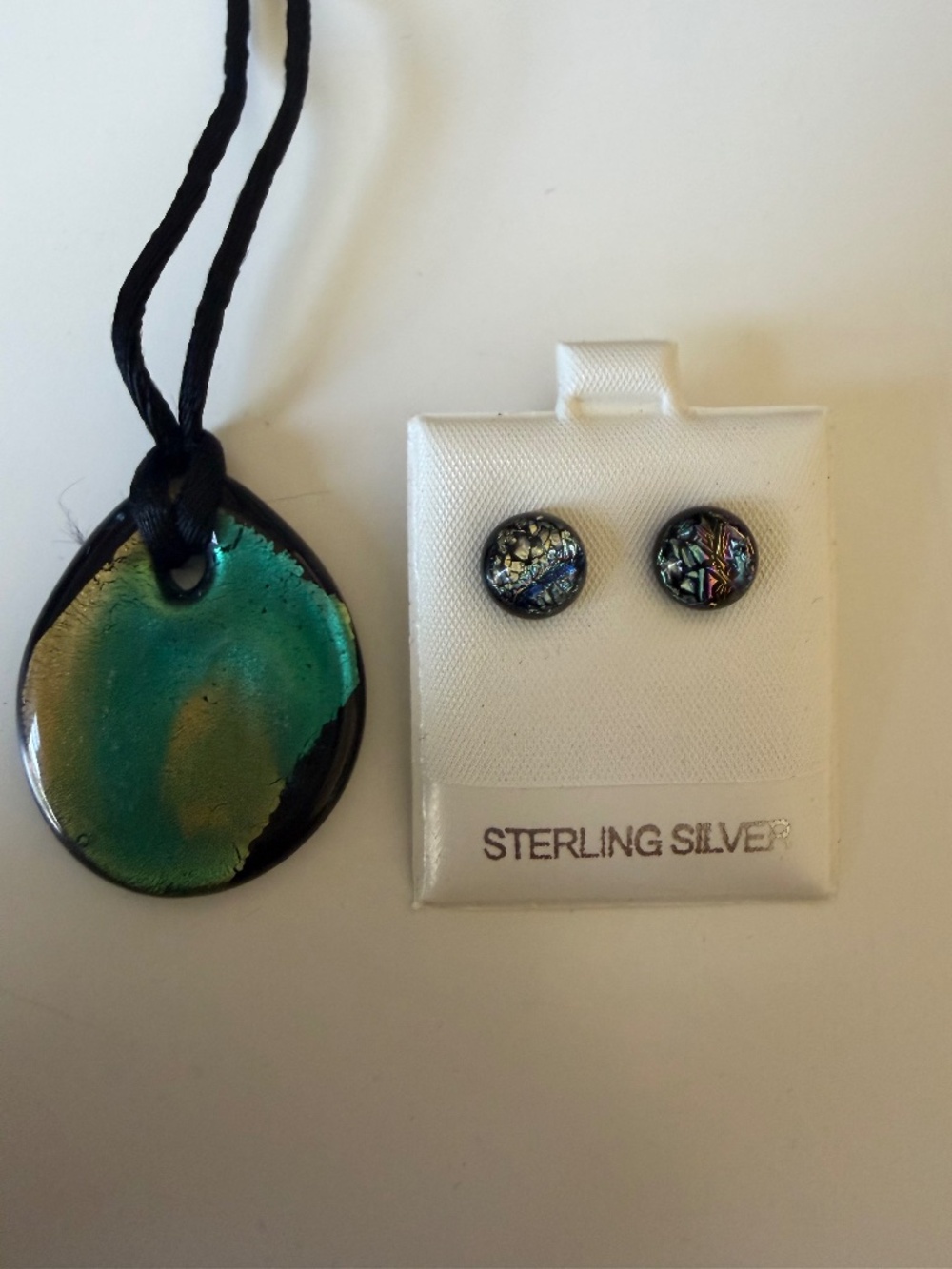 925 Sterling Silver Confetti Stud Earrings & Dichroic Teal Glass Necklace Set